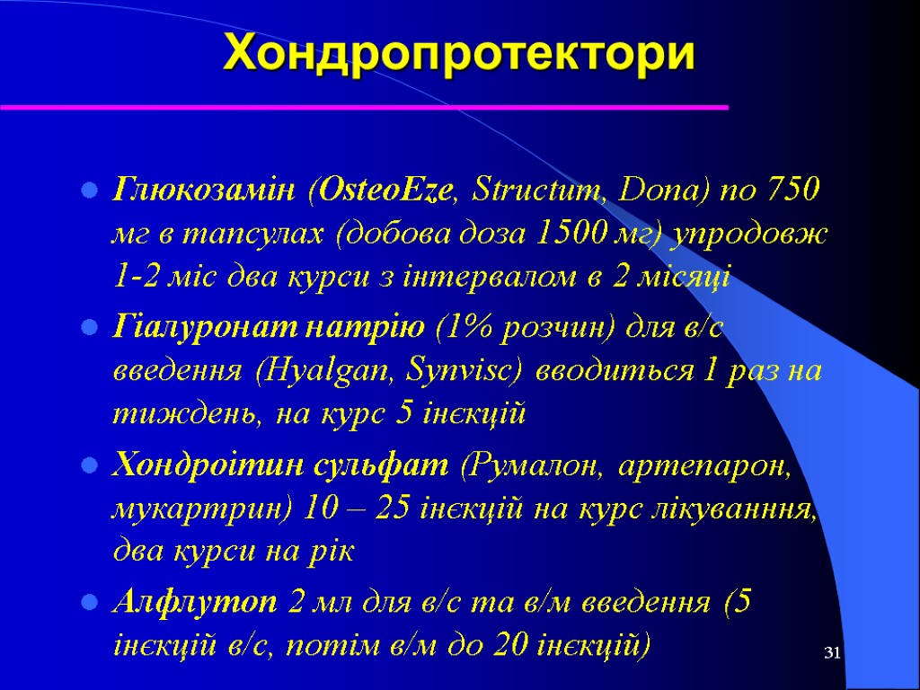 31 Хондропротектори Глюкозамін (OsteoEze, Structum, Dona) по 750 мг в тапсулах (добова доза 1500